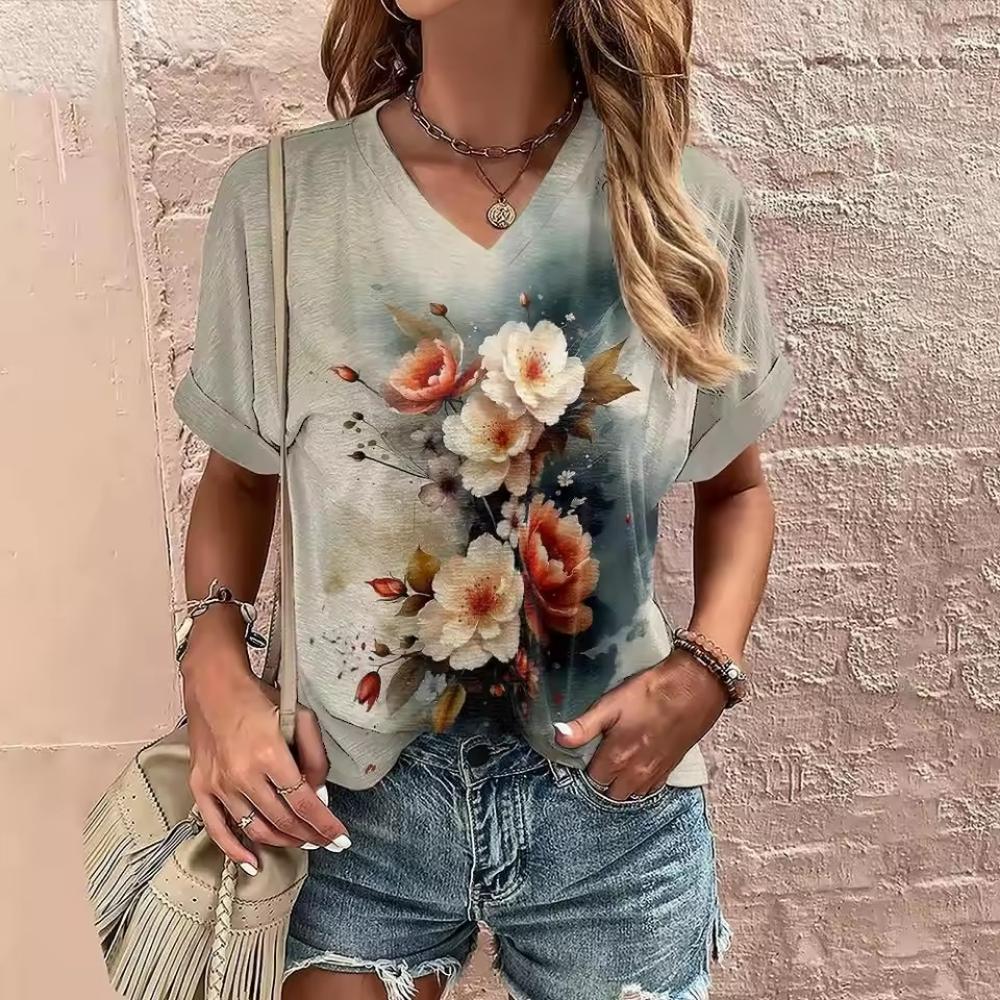 Women's Summer V-neck T-shirt Flower Printed Casual Tops Cubic Sleeve T Shirt Fashion Street Pullover OverSize Women's Clothing
