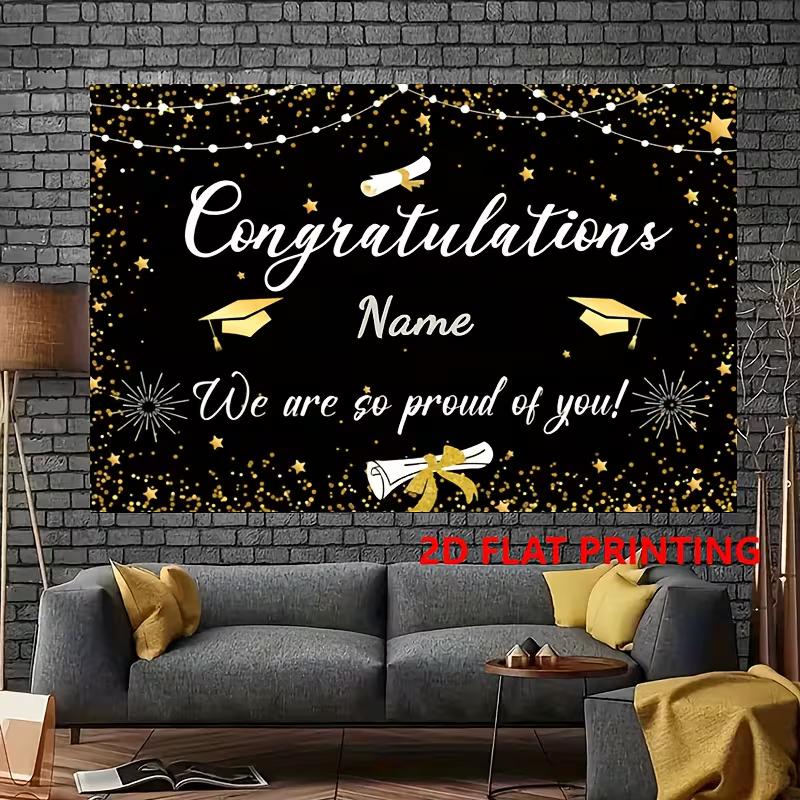 

Elegant Graduation Backdrop, Sleek Black and Gold Design with Customizable Name, Graduation Icons and Twinkling Lights, Festive Party Wall Decor 47.2x31.5inch/120*80cm