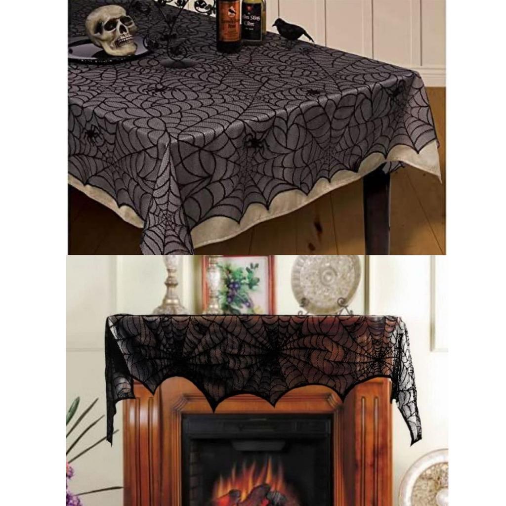 Table Runner Spiders Web Lace Tablecloth Fireplaces Curtain Compatible for Halloween Party Decoration Horror House Props