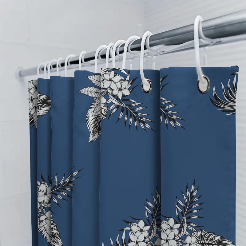 Luxury Bath Shower Curtain With Leaf Floral Print, Blue Waterproof Fabric For Home Bathroom Decor Size Customizable (M)