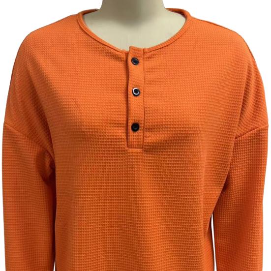 Damen Oberteile Rundhals Knöpfe Dekor Langarm Pullover Oberteile Einfarbig Waffelstrick Texturierte Bluse Alltagskleidung