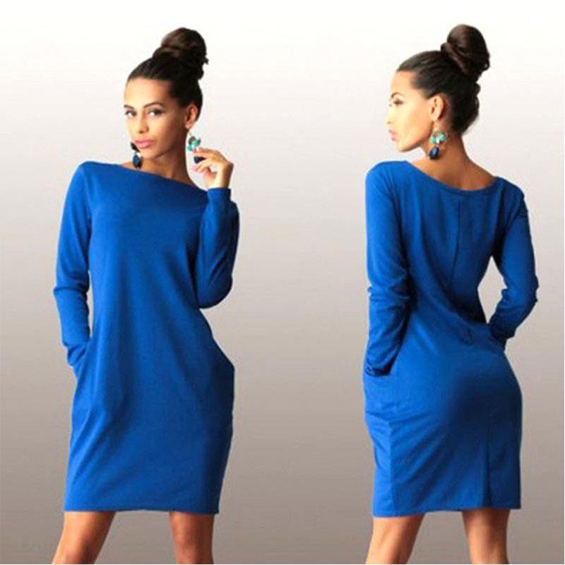 Elegant Summer Solid Casual O Neck Long Sleeve Bodycon Dress With Pockets