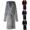 Long Sleeve Pockets Belt Solid Color Men Bathrobe Winter Warm Hooded Fleece Lengthened Nightgown Sleepwear