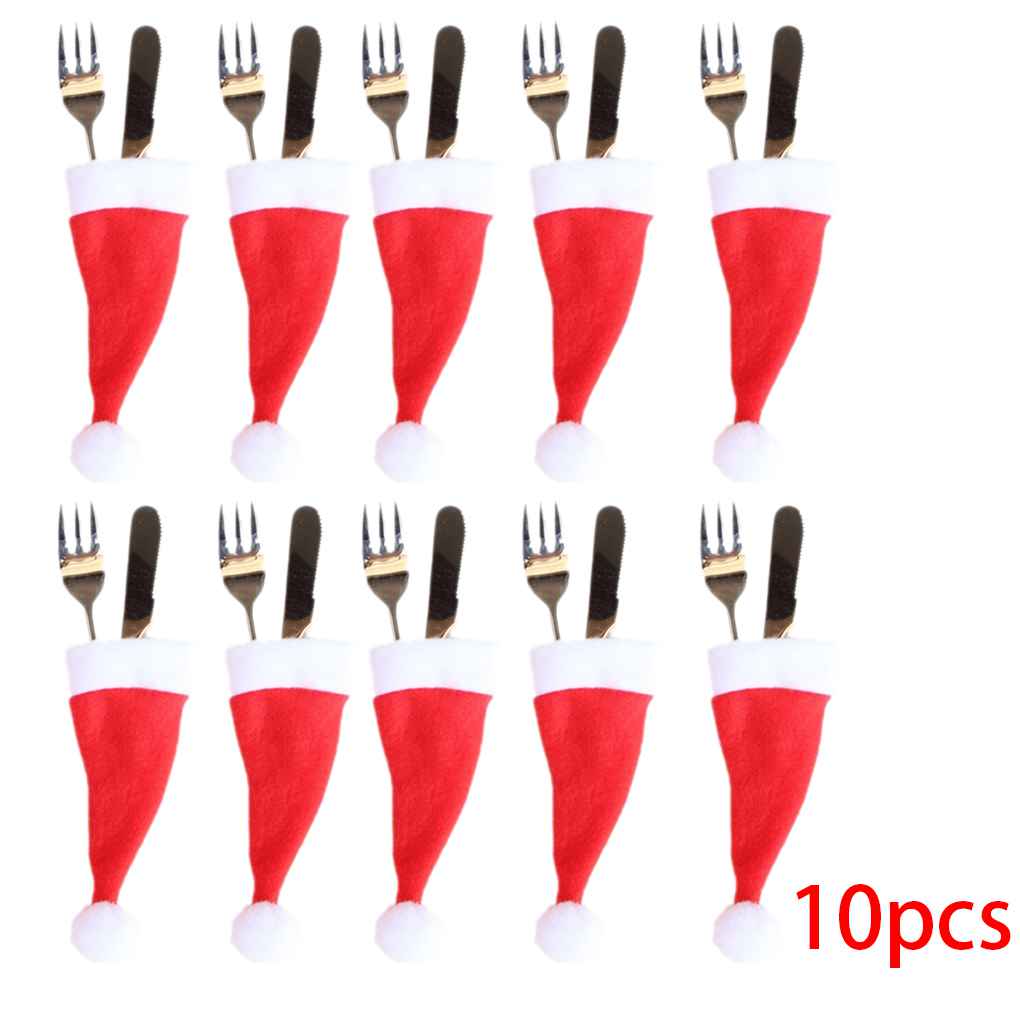 10 pcs Chapeau de Noël Bonnets Porte-couverts Poches Cuillère Décoration Dîner Fourchette