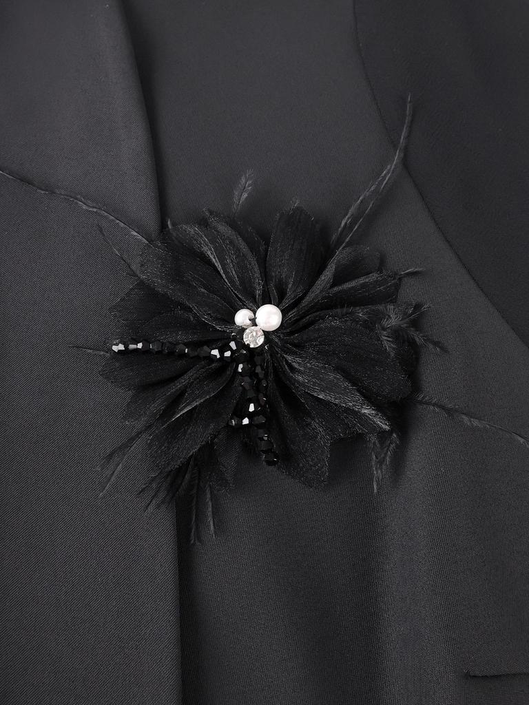 Women's Plus Size Waist-Cinched Black Suit Set with Ruffle Sleeves and 3D Flower Blazer