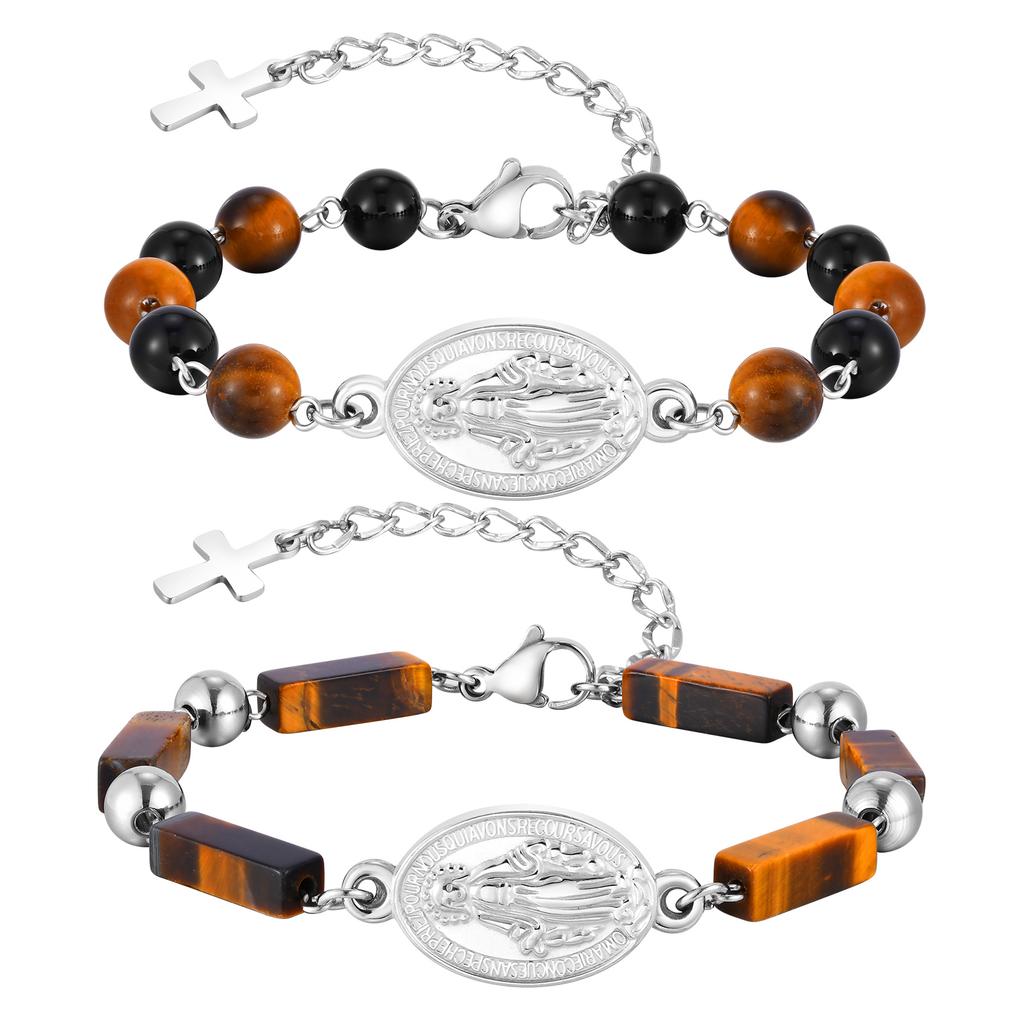 Trendy Stainless Steel Virgin Mary Cross Pendant Tiger Eye Stone Black Agate Natural Stone Bracelet for Men Classic Jewelry