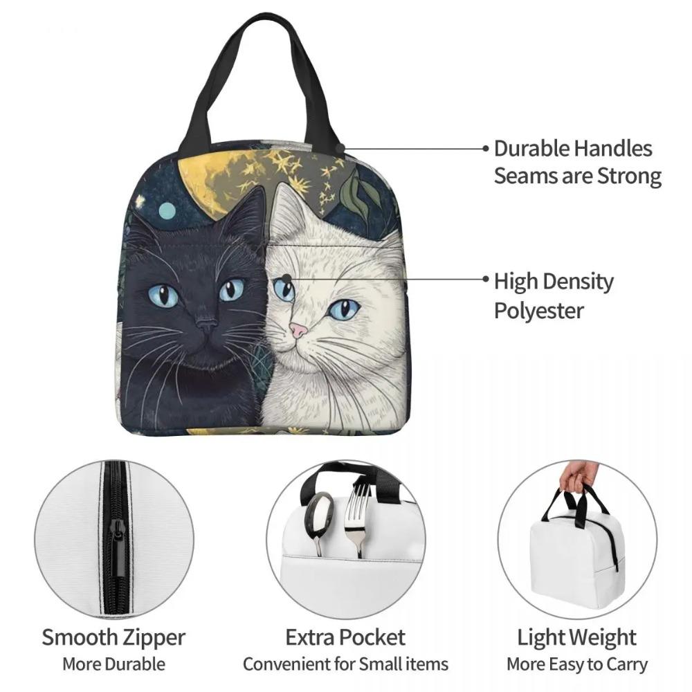 Cartoon Black White Cat Print Insulated Lunch Bag for Women Kids Leakproof Food Boxes Thermal Lunch Box Tote