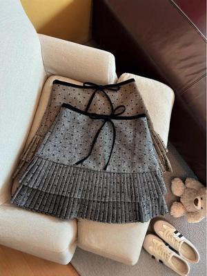 Gray Polka Dot Wool Blend A-Line Short Skirt for Women - Hip-Hugging, High-Waisted, Miu Style, Perfect for Autumn/Winter, Ideal with Boots.