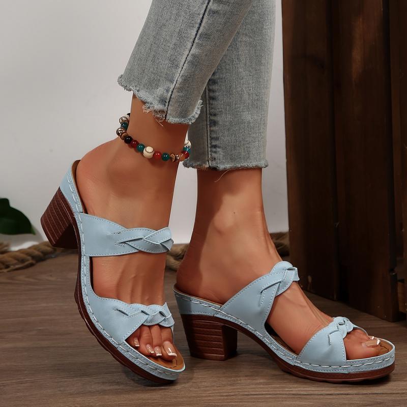Daily Round Toe Back Strap Splippers Women 2025 Summer Square High Heels Shoes Women Elegant Mixed Colors Comfortable Slides