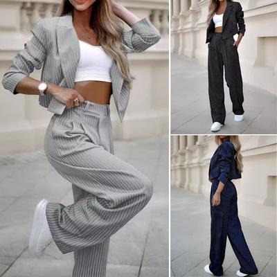 Conjunto de Calça e Blazer Feminino Estilo Formal OL para o Trabalho Jaqueta de Manga Longa com Gola Reversível Conjunto de Calça Wide Leg de Cintura Alta Roupa de Negócios para Senhora