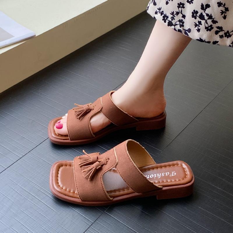 Flat-bottomed Slippers Women's Outer Wear Summer Casual One-character Cool Slippers New Fringed Beach Women's Sandals Large Size
