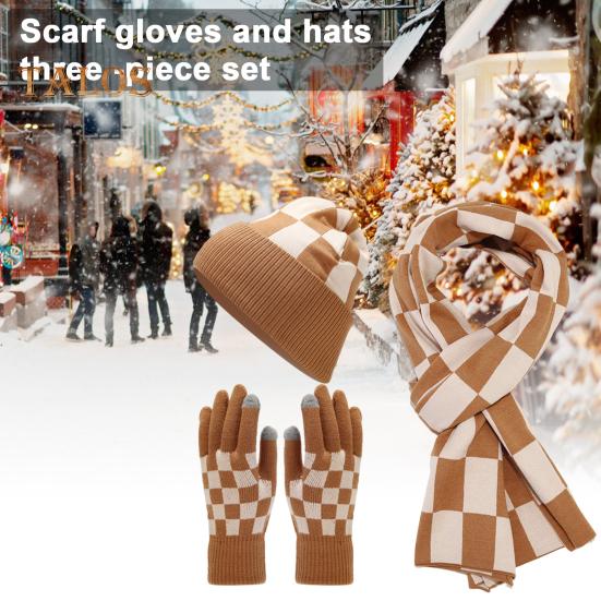 3 st/set Unisex Vintermössa Halsduk Handskar Set Förtjockad Varm Mössa Rutigt Tryck Elastiska Pekskärmshandskar Vindtät Vinter Utomhus Cykling Kupolhatt