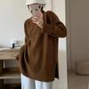New solid color simple turtleneck hem slit thick pullover sweater for women, warm layered knit sweater