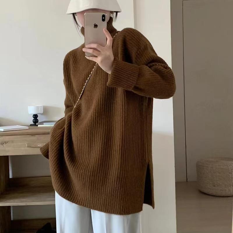 New solid color simple turtleneck hem slit thick pullover sweater for women, warm layered knit sweater