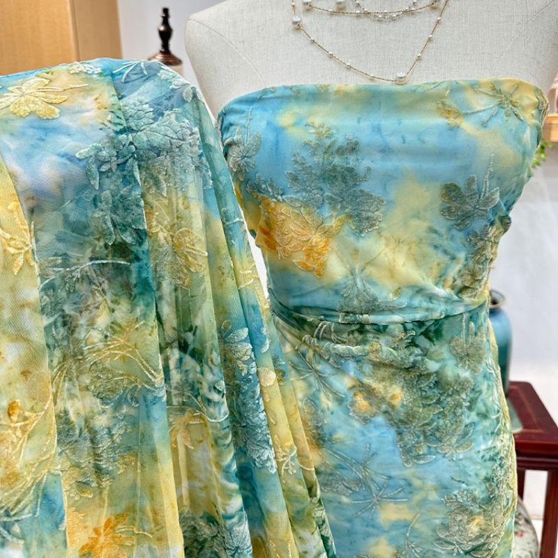 1yard Ocean Green Color Lace Tie-dye Flocking Fabric Burnout Jacquard Velour Cloth African Tulle Fabrics for Dress DIY Clothing
