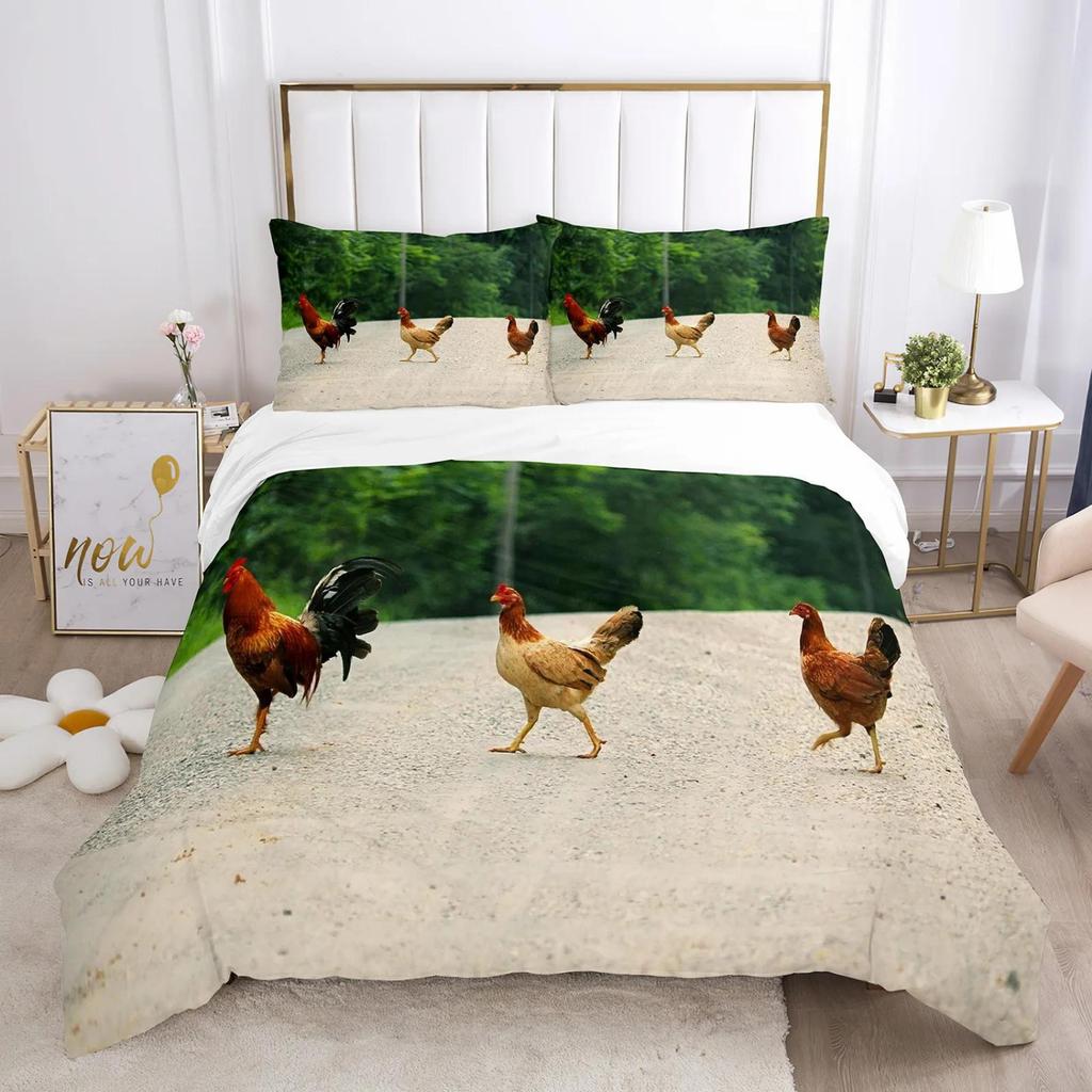 Hühner Bettbezug King Queen Größe Liebliches Hennenmuster Bettwäscheset Kinder Jugendliche Erwachsene Nutztiere Weiche Polyester Bettdeckenbezug