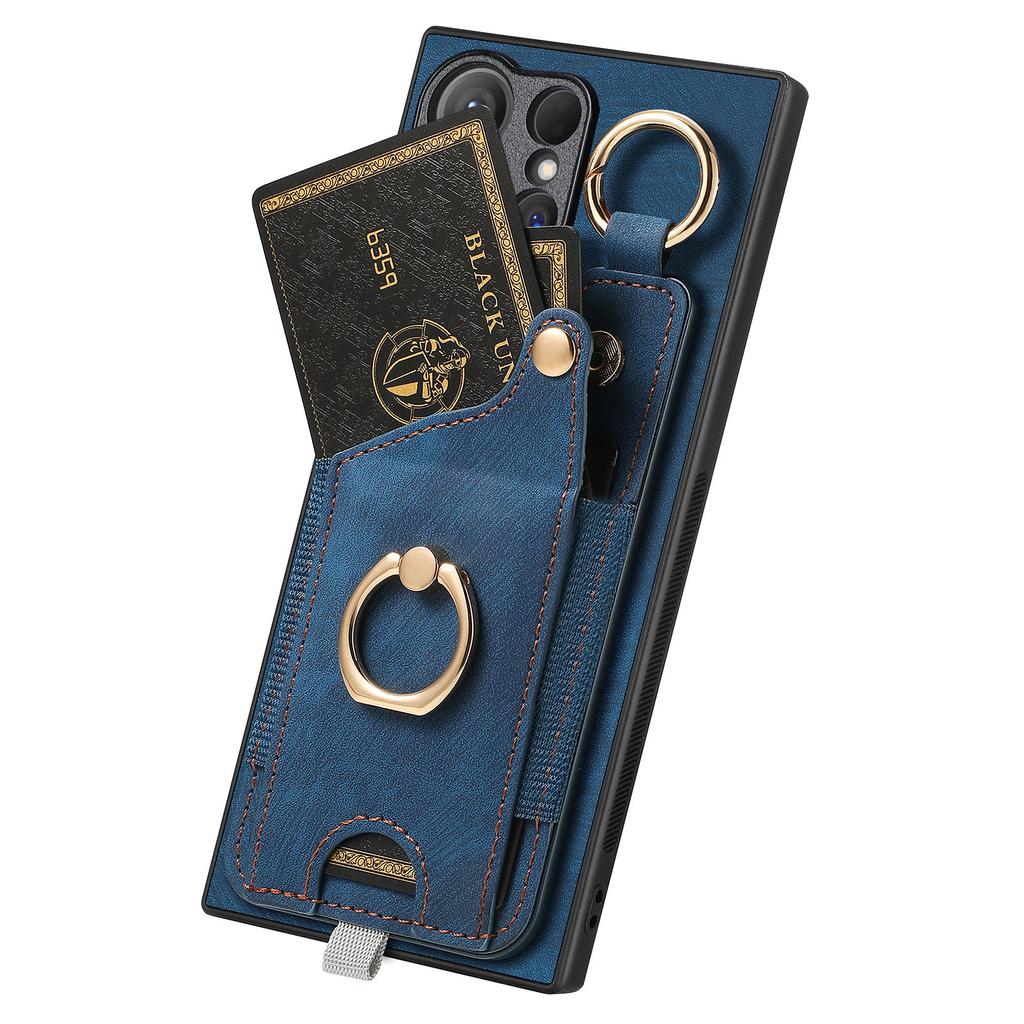 For Samsung Galaxy S25 Ultra Retro Leather Phone Back Cover with Card Slots and Ring Holder
