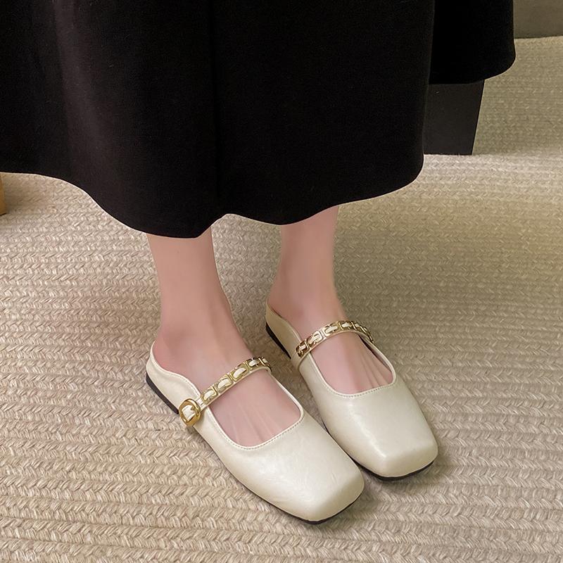 CRLAYDK Mules for Women Square Toe Buckle Flats Comfortable Slip On Shoes Leather Backless Loafers Lady Work Dress Slides