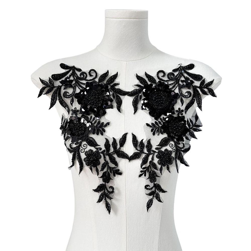 

1pair Rhinestone Tube Beaded Sequin Embroidery Sewing Patch DIY White Flower Lace Bodice Applique Embroidered Flower Handmade L чорний
