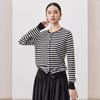 Artistic Striped Mulberry Silk Cardigan - Women's Black & White Round Neck Knit Top for Autumn
