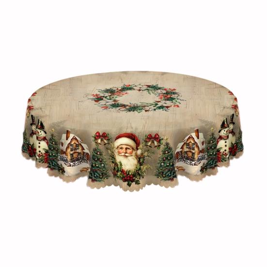 Christmas Round Tablecloth 60 Inch Wrinkle-Free Santa Claus Table Cover Retro Tablecloth Winter Decoration for Home Dining Table