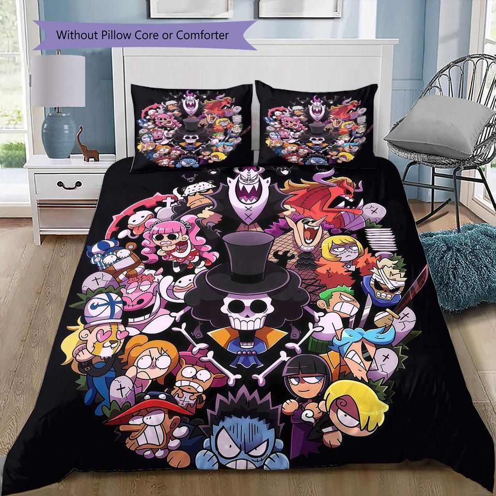 One Piece Anime Pattern Bedding Quilt Set Quilt Cover Pillowcase Home Birthday Gift(1 * Duvet Cover + 2 * Pillowcase, Without Core)