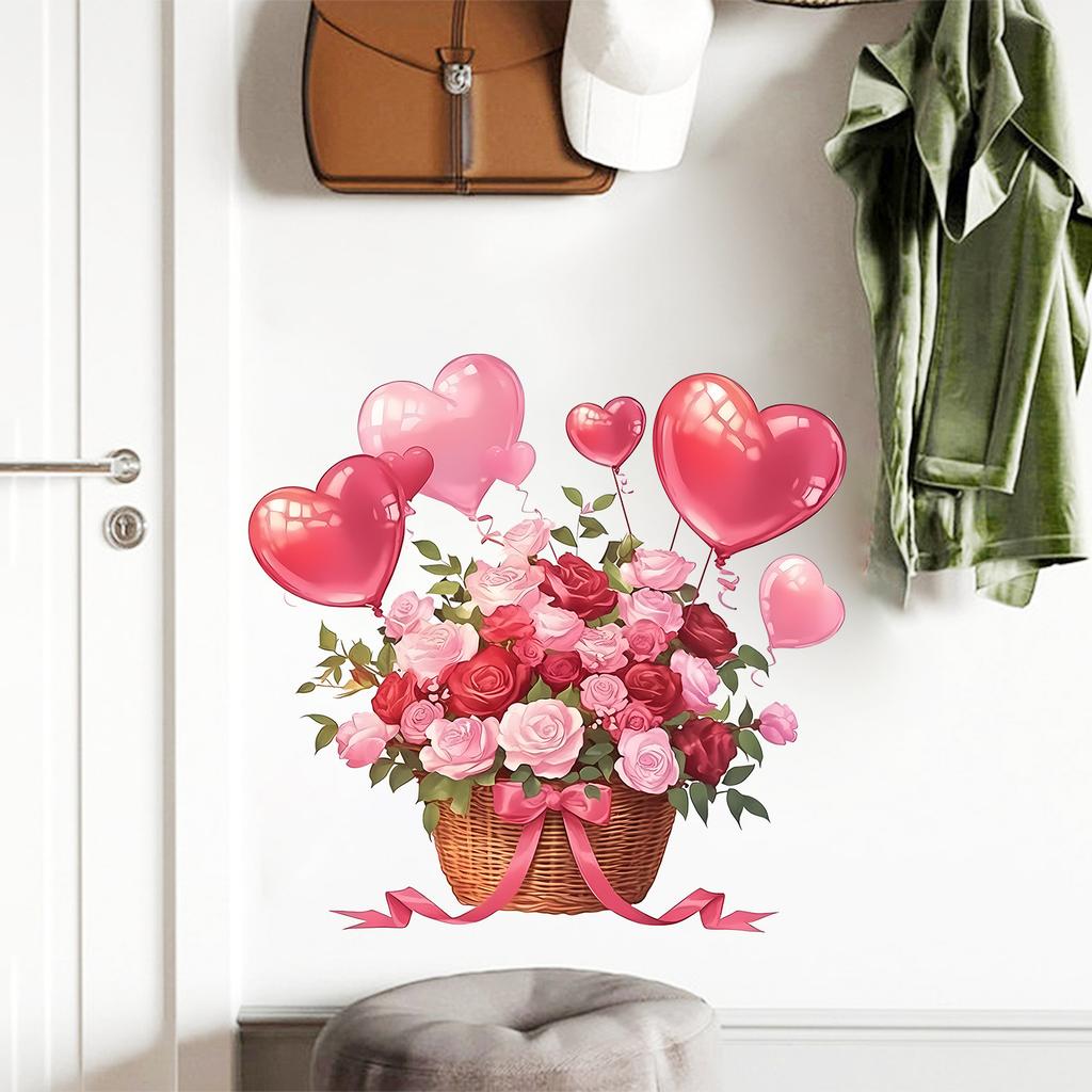 Romantic Heart Basket Floral Wall Sticker Self-Adhesive Removable for Bedroom Dorm Room Home Decor