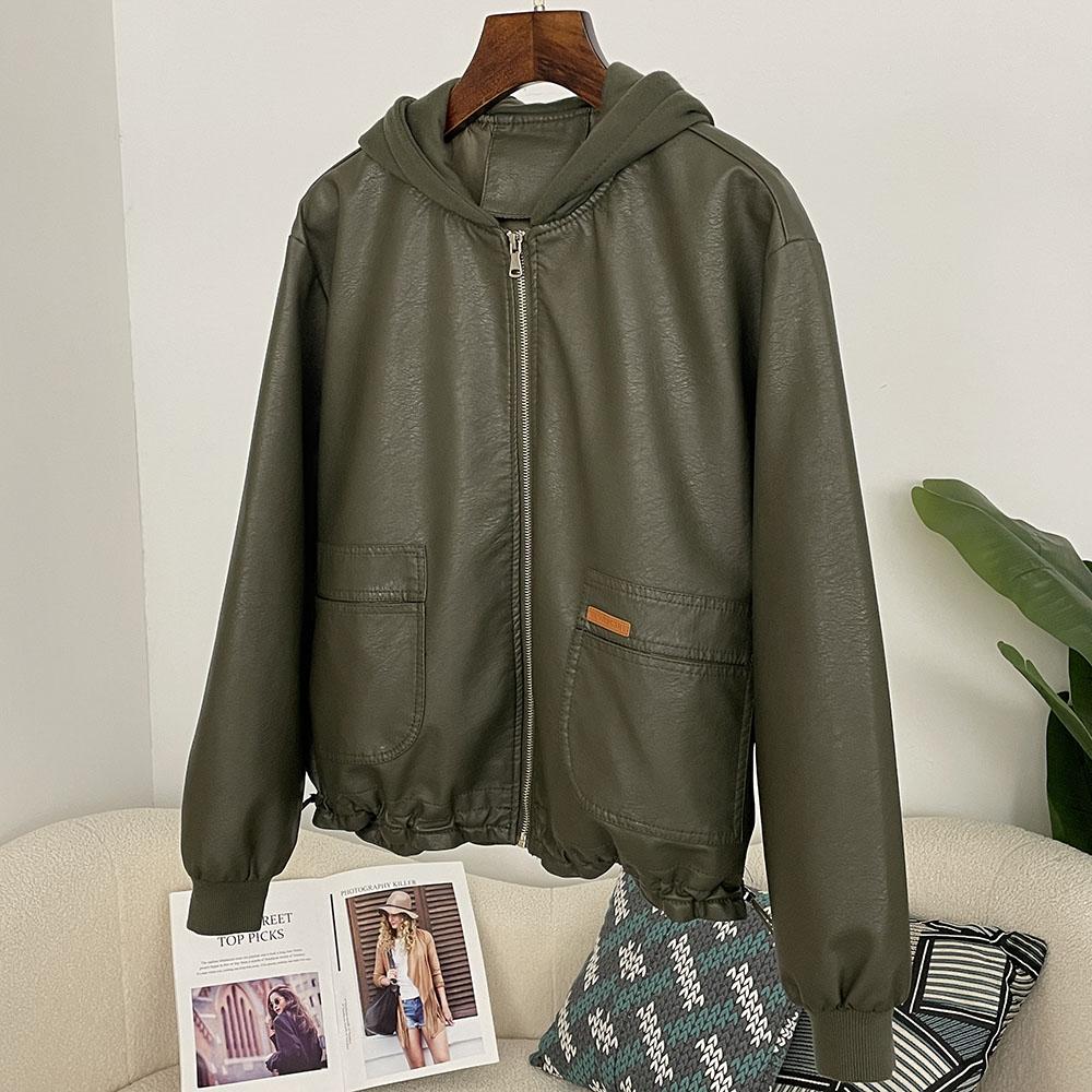 OFTBUY Damen Kapuzenjacke Vintage Locker Pu Kunstleder Hut Kurze Jacke Lässig Motorradjacke Damen Reißverschluss Retro Moto Biker Mantel Oberbekleidung Tops