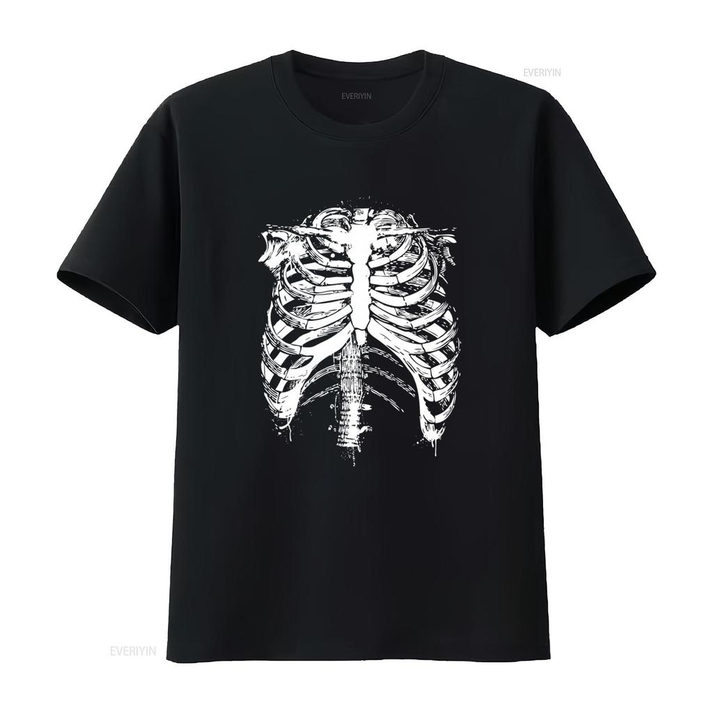 Herren Schwarzes Rippenkorb Skelett Halloween T-Shirt Gruselig Lustiger Kostüm Aufdruck Größen S bis XXXL vintage Gewaschen Mann Mode