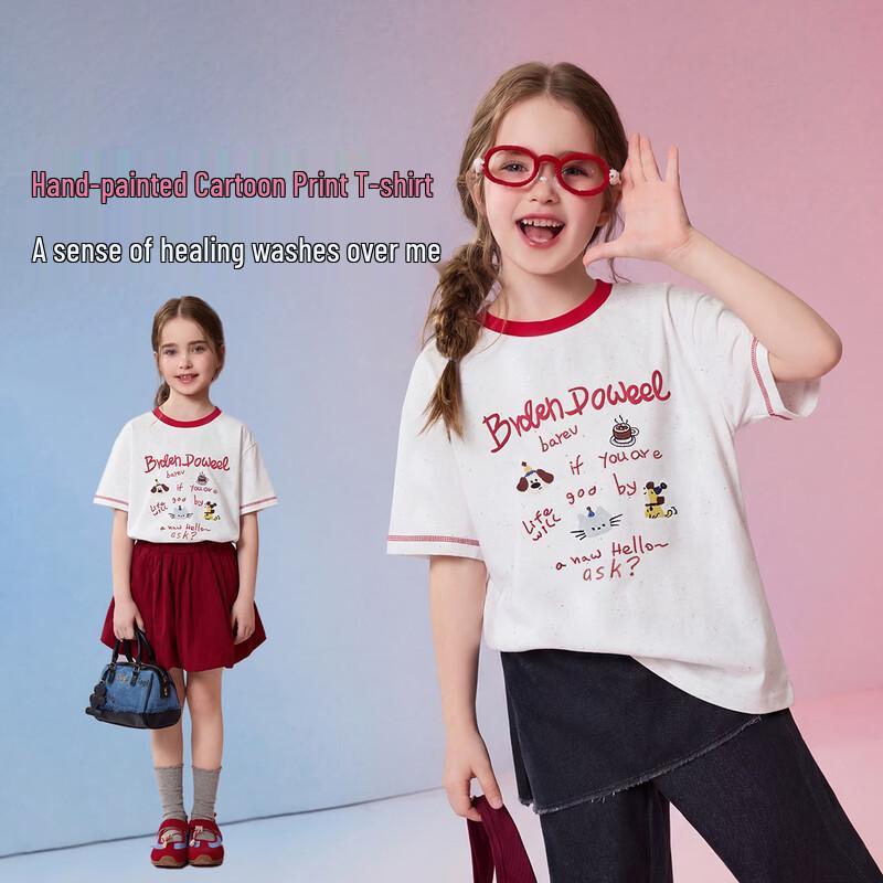ASK JUNIOR Girls' Color-block Cartoon Short Sleeve T-shirt