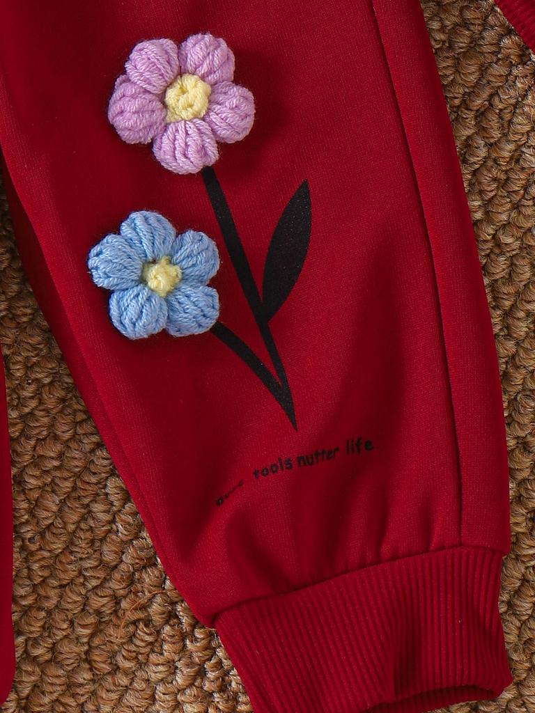 Vinröd Huvtröja med Långa Ärmar och Byxset för Flickor - Europeisk & Amerikansk Stil