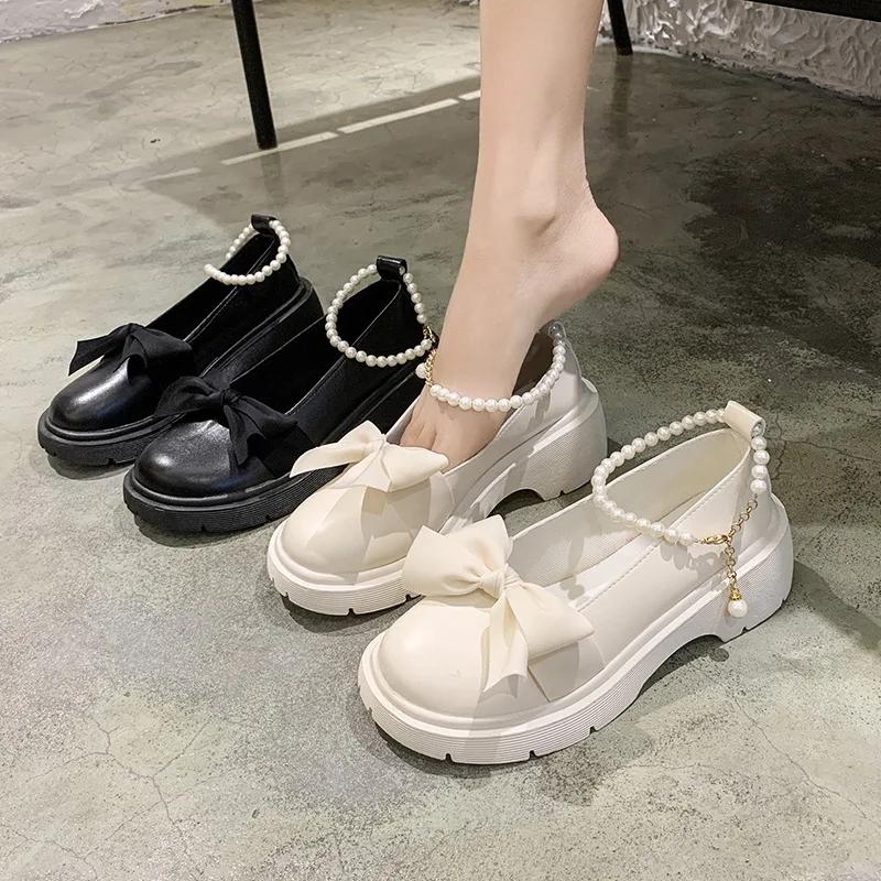 Fashion Women's Thick Platform Shoes Party Pumps Summer 2025 New Sandals Pearl Bow Chain Mujer Shoes Fashion Oxford Platform Loafers