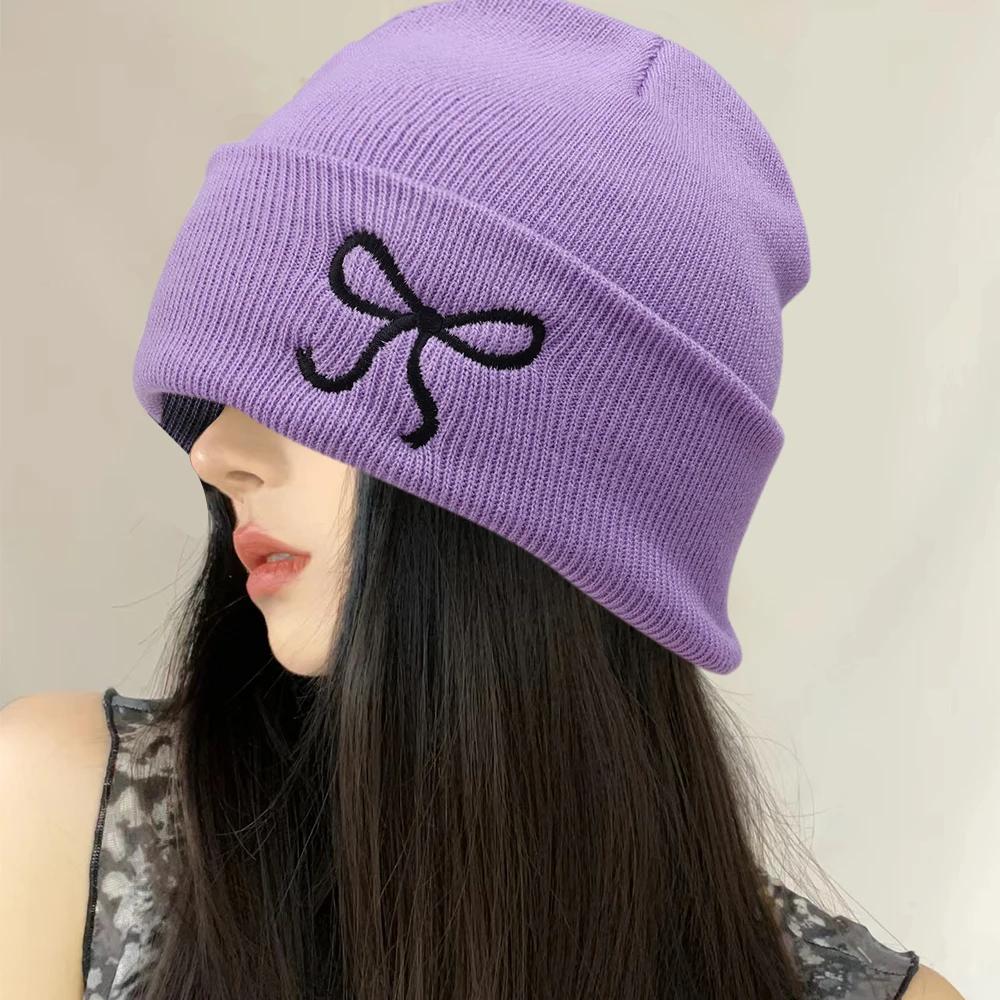 Y2K Bow Embroidered Knitted Hat Autumn And Winter Warm Women Beanies Cap Korean Fashion Solid Color Female Girls Skullcap Bonnet