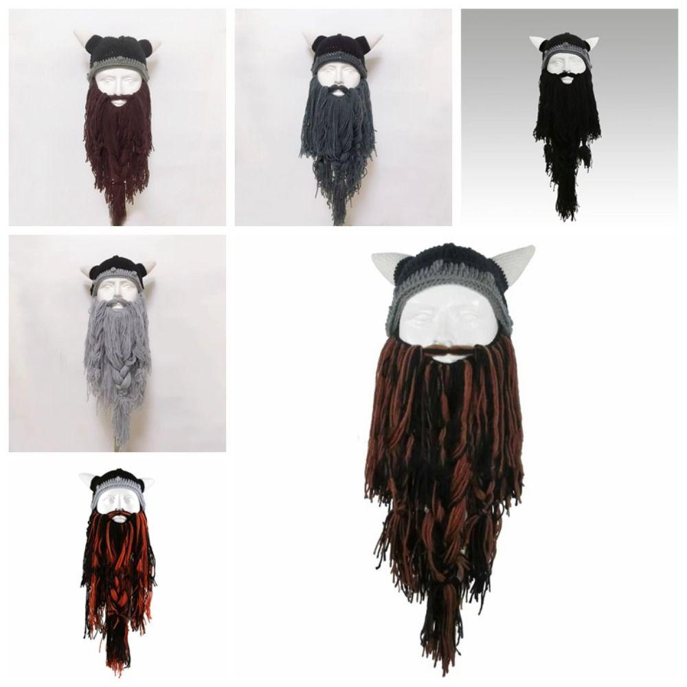 Horn Hat Viking Beard Beanie Handmade Knit Big Beard Mask Hat Wig Beard Hats Costume Accessory