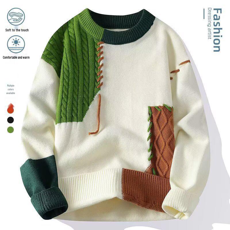 Men's Patchwork Color Block Wool Sweater - Winter Casual Loose Fit