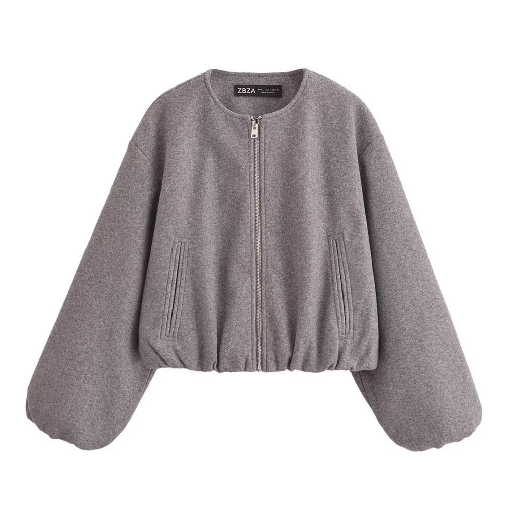 Spring and Autumn Women's Loose Versatile Crew Neck Long Sleeve Pocket Soft Bomber Jacket