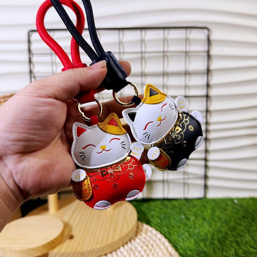 Cartoon Pu Leather Fortune Cat Keychain Get Rich Car Keychain Kawaii Bag Hanging Home Decor