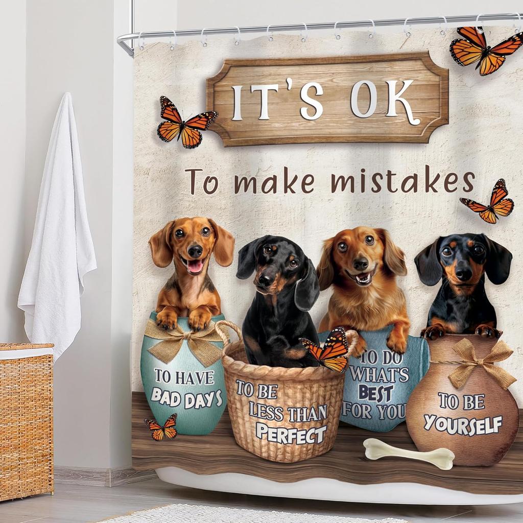 Funny Dachshund Dogs Shower Curtain Kids Boys Inspirational Motivational Quotes Shower Curtain Bathroom Set Cute Animal Puppy