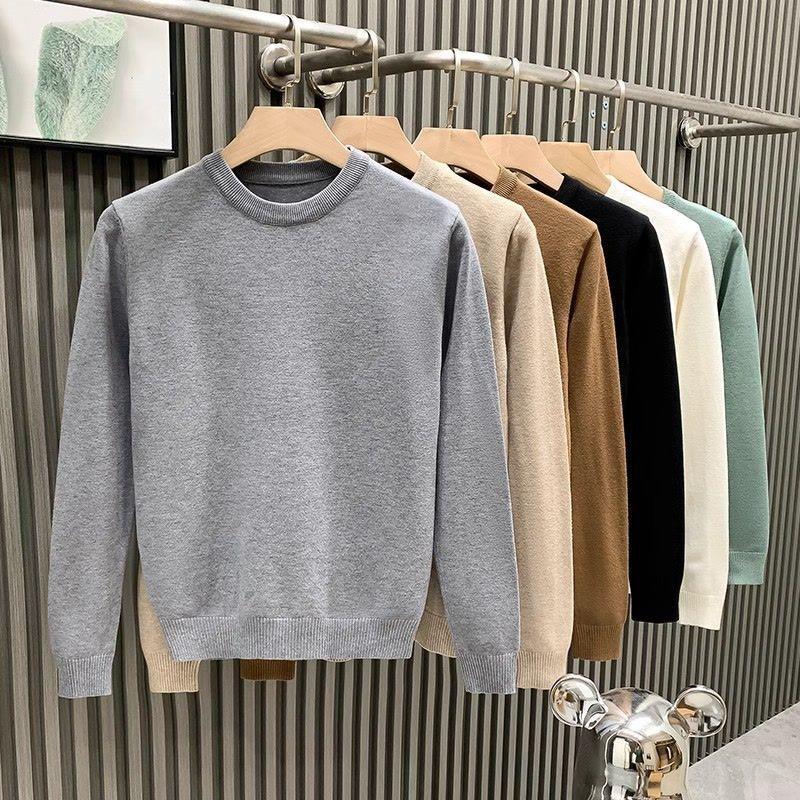 European Trendy Men's 2024 Light Luxury White Round Neck Sweater – Autumn/Winter High-End Style Layer Shirt