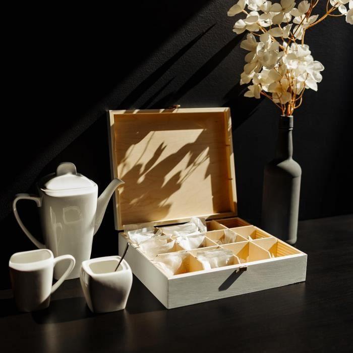 Boîte À Thé En Bois Blanc - CREATIVE DECO - 29 X 25 X 7,5 Cm - 12 Compartiments - Diviseurs Amovibles