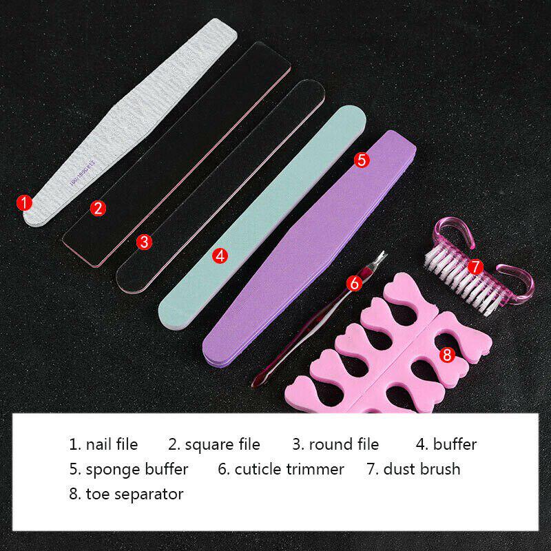 8Pcs Nail Art Cleaning Brush Tools Sanding Files Polish Buffer Block Toe Separators Trimmers Pedicure Manicure Set