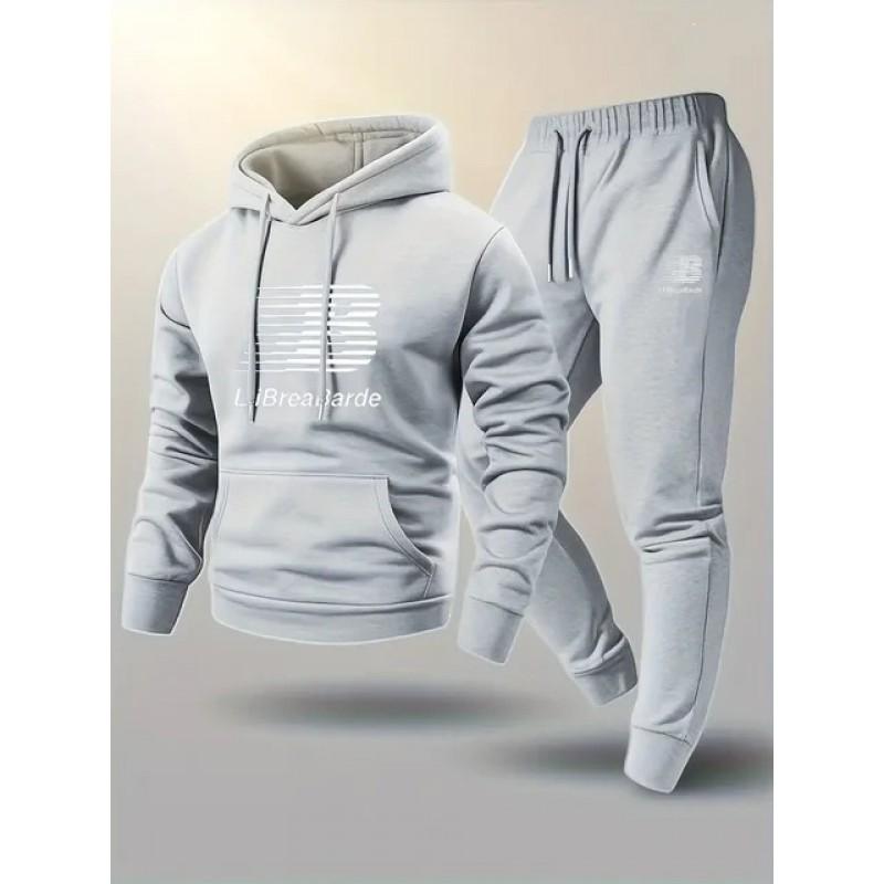 Herren Buchstabendruck Kapuzen-Trainingsanzug Langarm Pullover Sweatshirt Kordelzug Laufhose Winter Freizeit Sportbekleidung