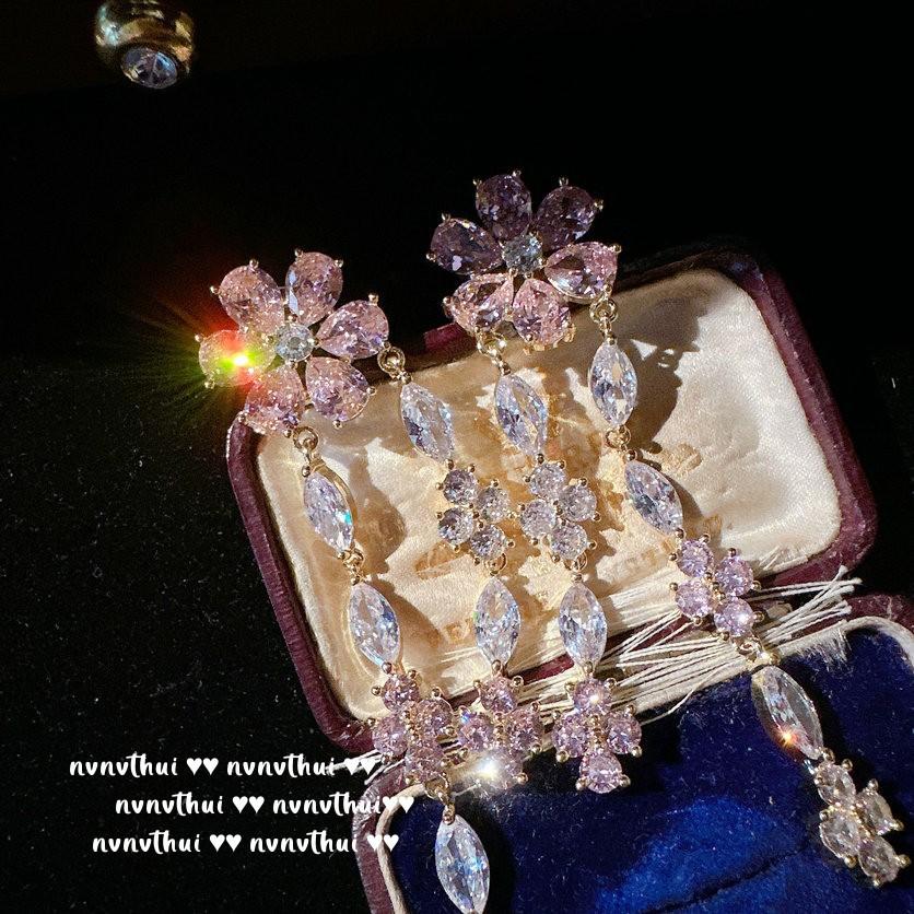 Kolczyki z różowym koszykiem kwiatów Paparazha 18-karatowe złoto Barbie Pink Petal Zircon Bransoletka Zestaw