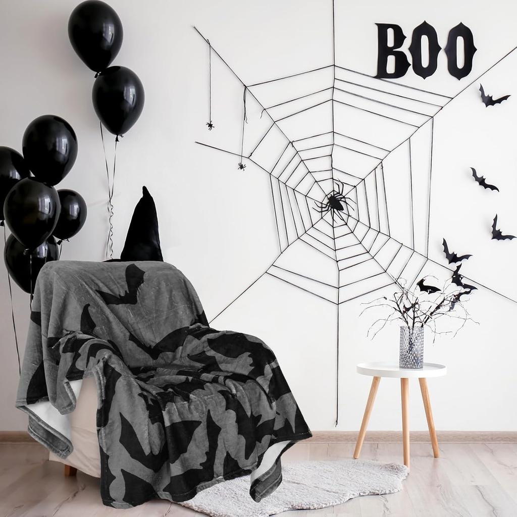 Halloween Fuzzy Blanket Bat Throw Blanket Gray Black Soft Cozy Flannel Blanket for Home Bed Sofa Couch Chair, 50 X 60 Inch