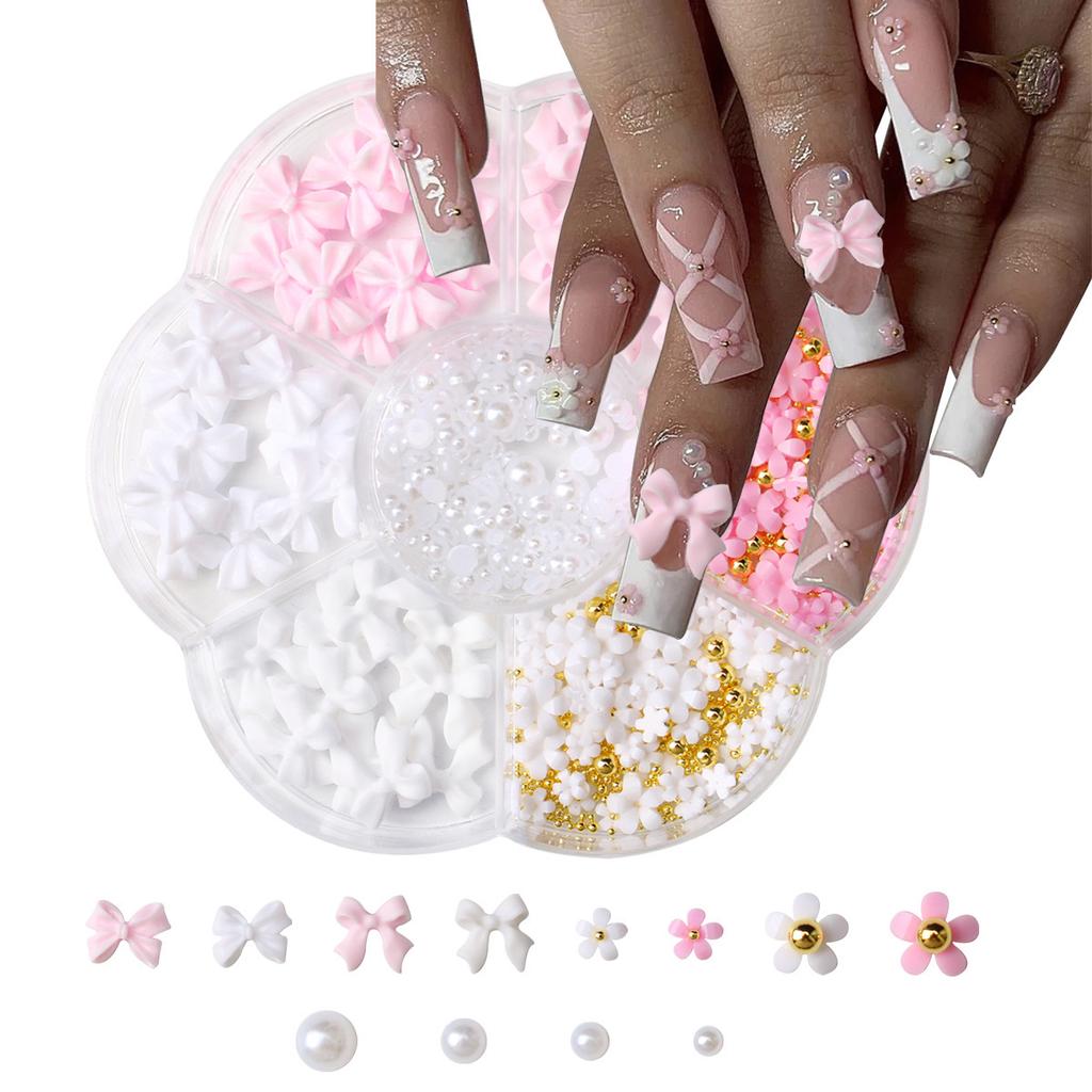 1 Box 3D Blumen Schleife Nagelkunst Dekorationen Set Rosa/Weiß Acryl Floral/Perlen Nagel Charm mit Wachsstift/Pinzette 4/6mm Nagelteil
