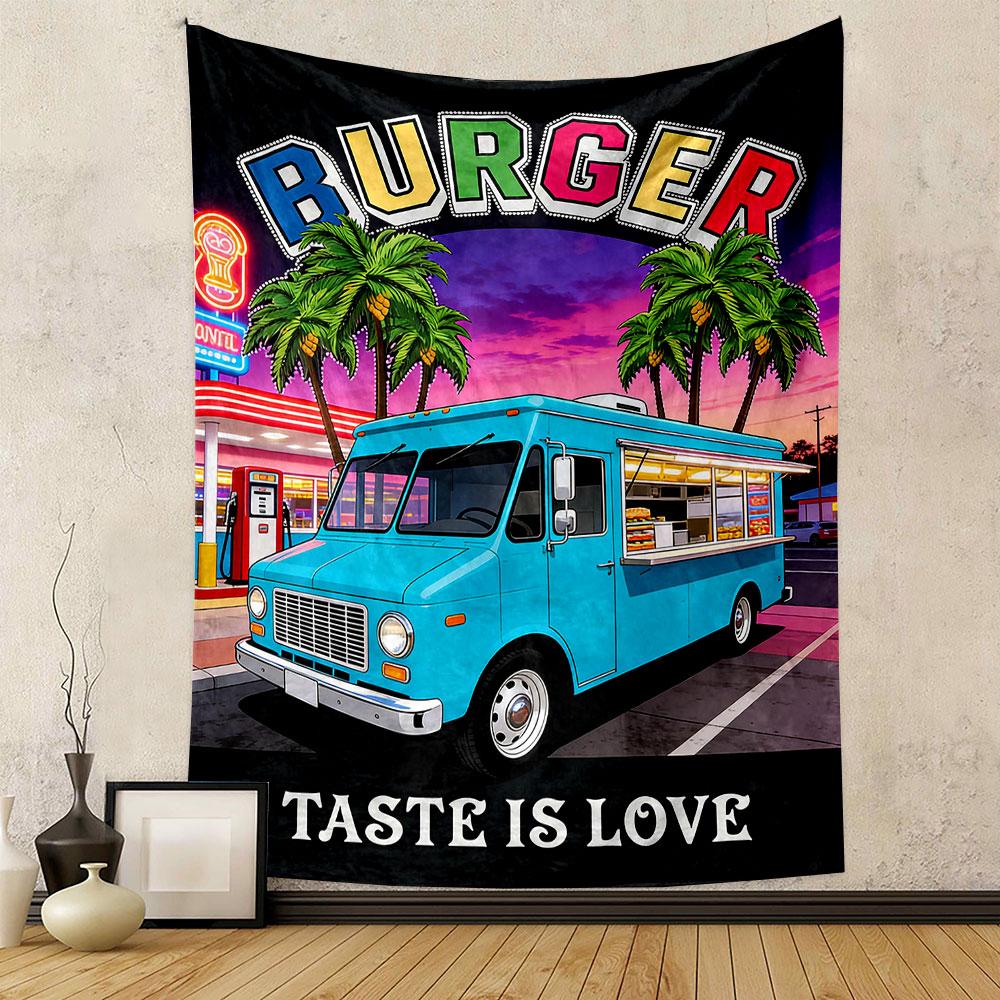 Burger Truck in Retro Neon Style Patterned tapestry home decor, suitable for bedroom and living room, gift