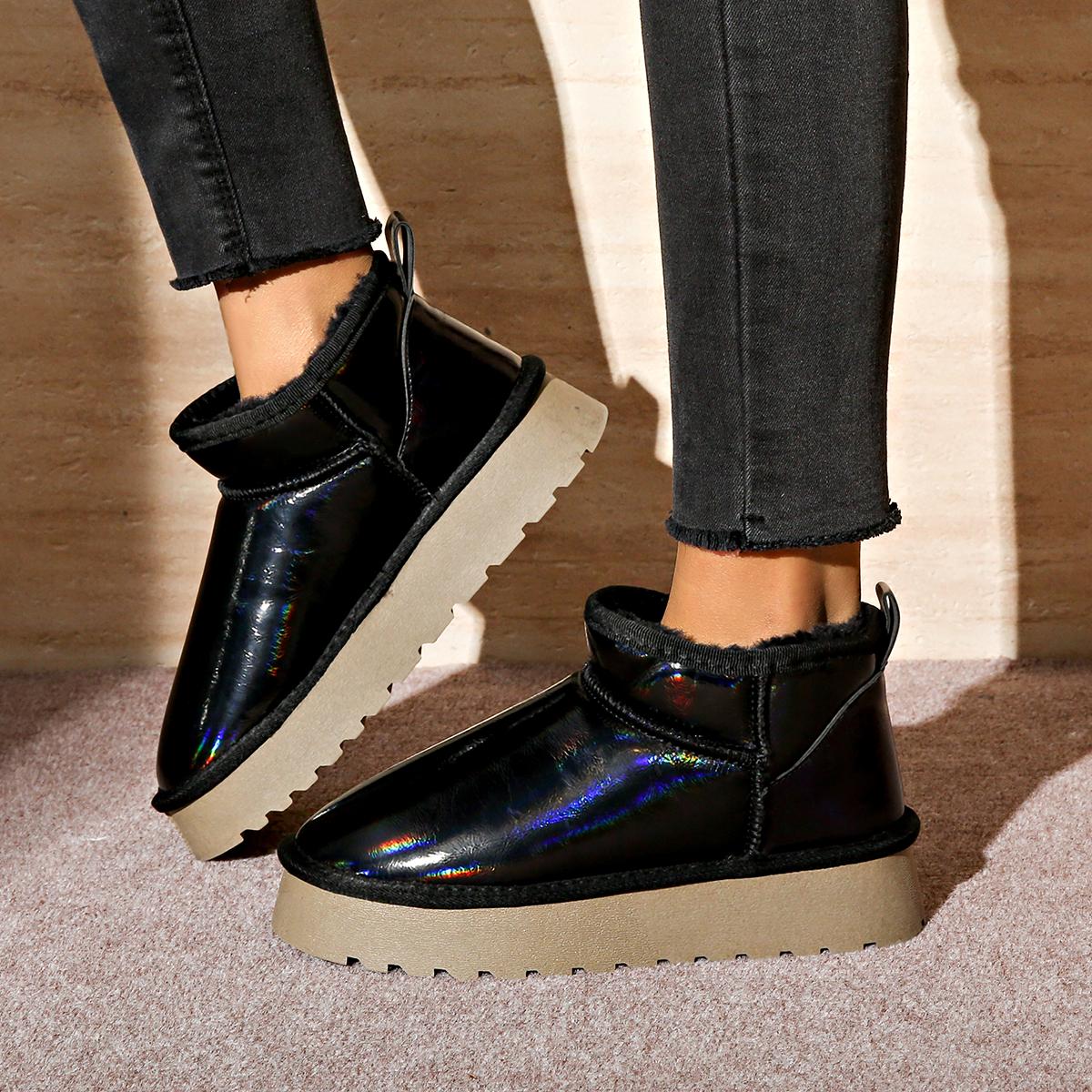 

Casual Black Patent Leather Snow Boots Women Winter Comfort Thick Bottom Slip On Fur Ankle Boots Warm Short Plush Booties 41