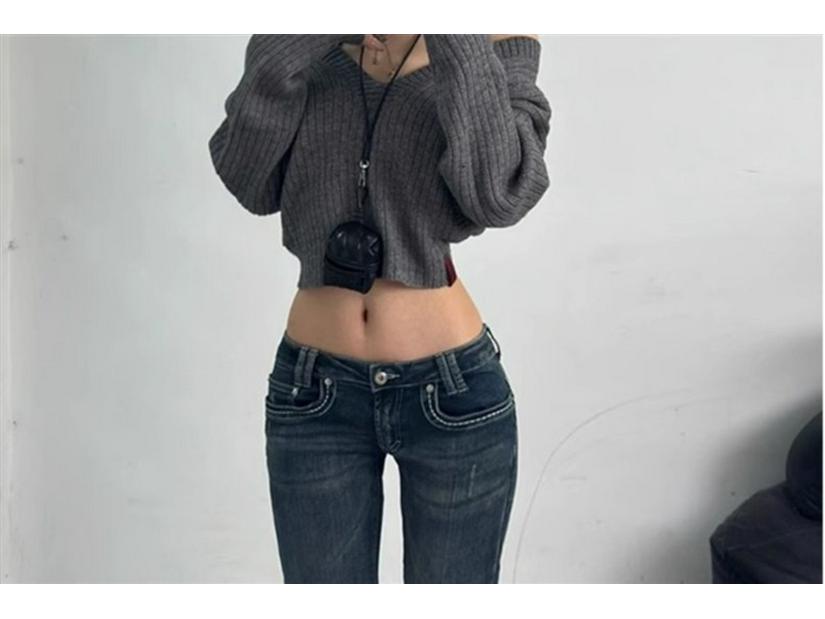 Women's American Spicy Girl Low-Rise Distressed Flare Jeans - Designer Feel, Floor-Length Elastic Fit