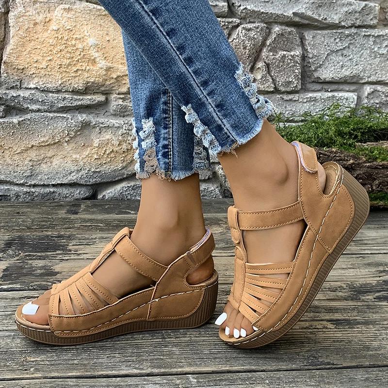 Fashion Retro Hollow Out Wedge Sandals Women 2025 Summer Peep Toe Platform Gladiator Sandals Woman Thick Sole Comfortable Beach Shoes