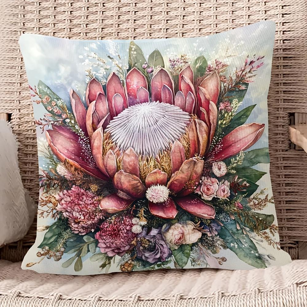 1pc, Fashionable Protea Flower Circus Short Plush Pillowcase 18x18 - Soft and Smooth Polyester Short Pile Fabric, Single-Sided Print, Perfectly Suitab